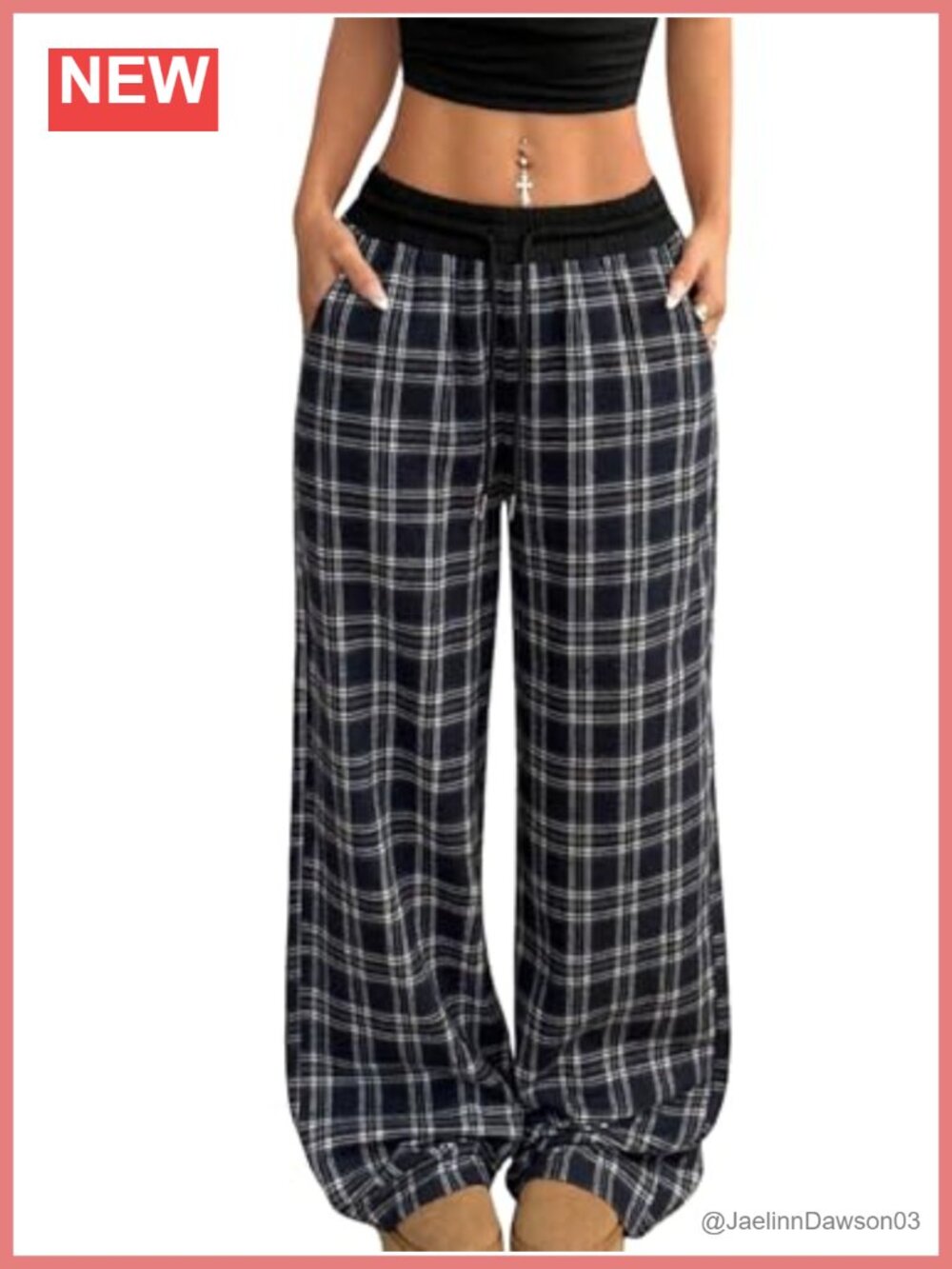Women's Gingham Plaid Pajama Pants Wide Leg Baggy Trousers with Pockets